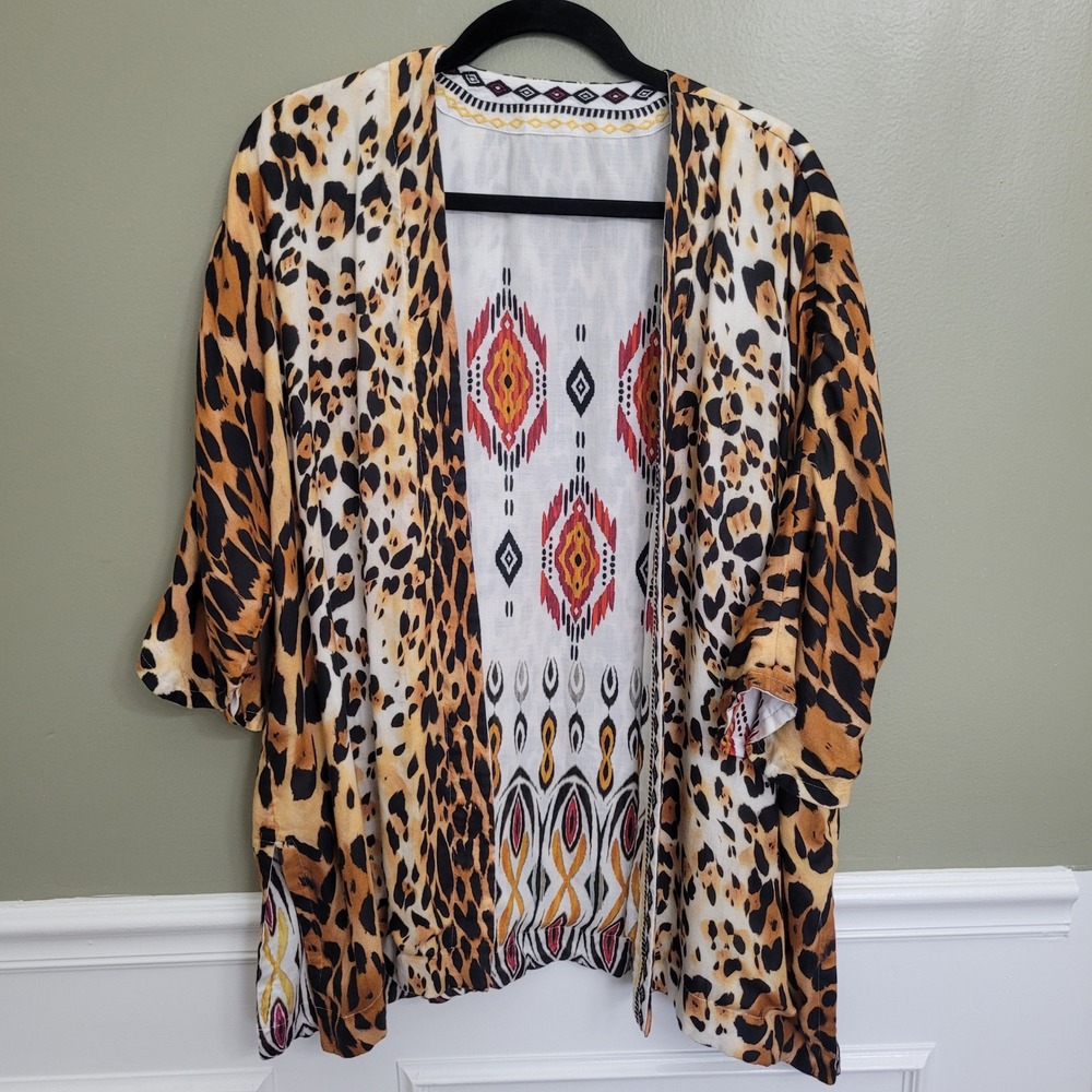 Chico's Reversible Kimono Cardigan Leopard Print‎ Tribal  Open Front Lightweight